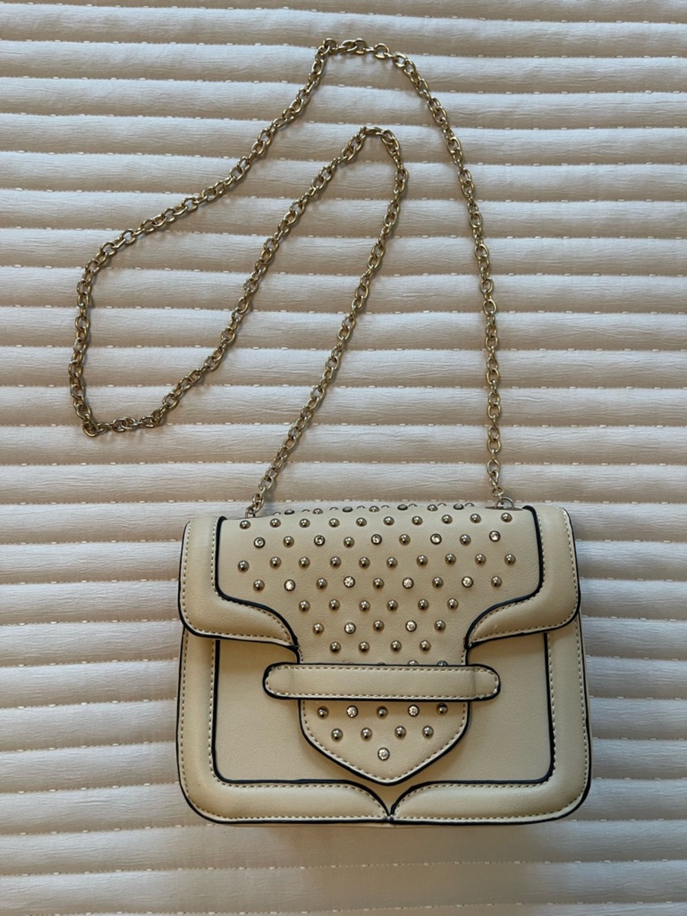 Studded Cream Crossbody Bag with Gold Chain